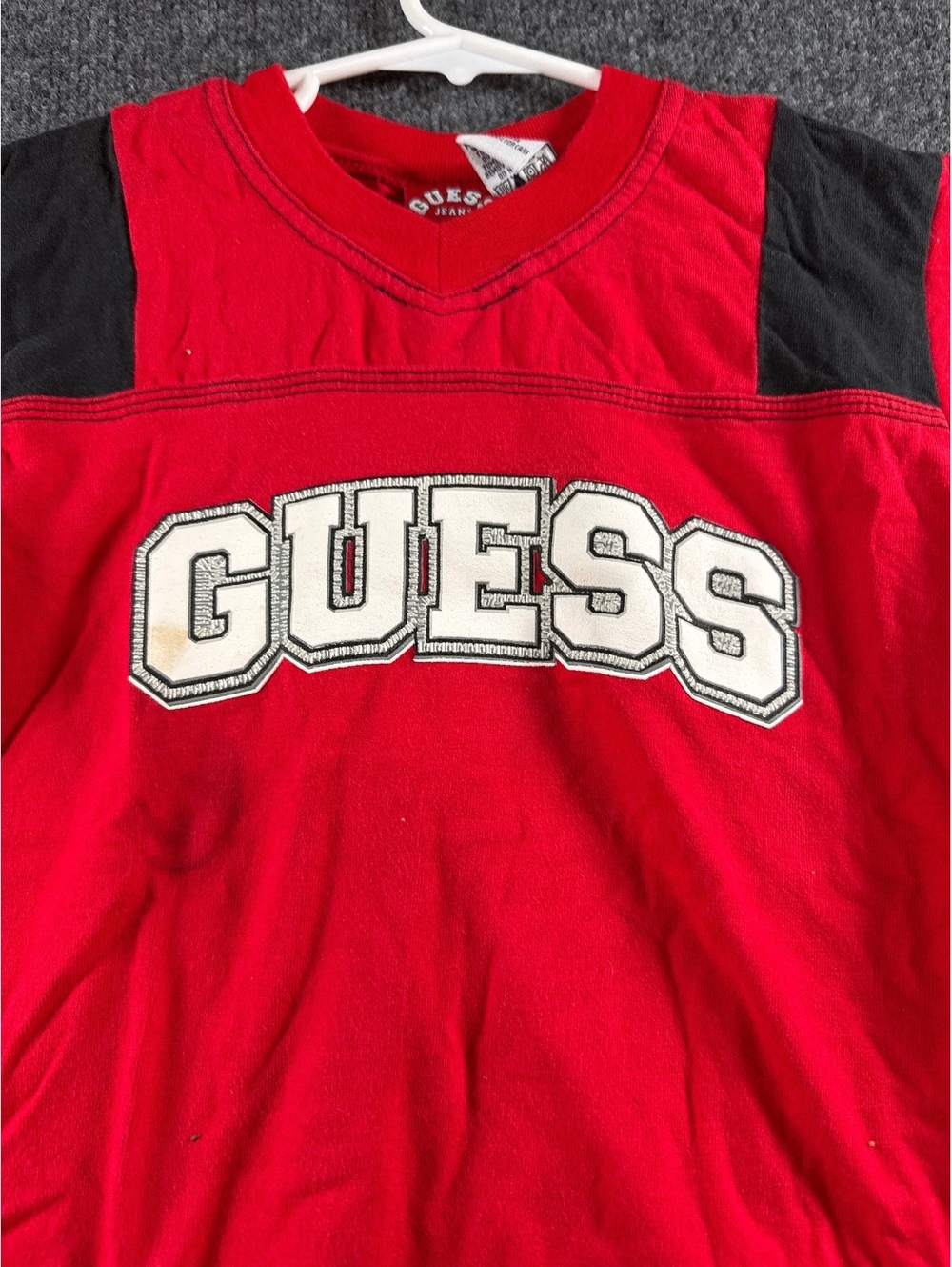 Guess Jeans Girls L 7 Red Black Logo Spellout Athletic Jersey Style Shirt